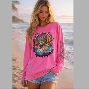 Vintage Fruit Of The Loom  OAHU Hawaii Long Sleeve Pink Shirt Large Sea Turtle